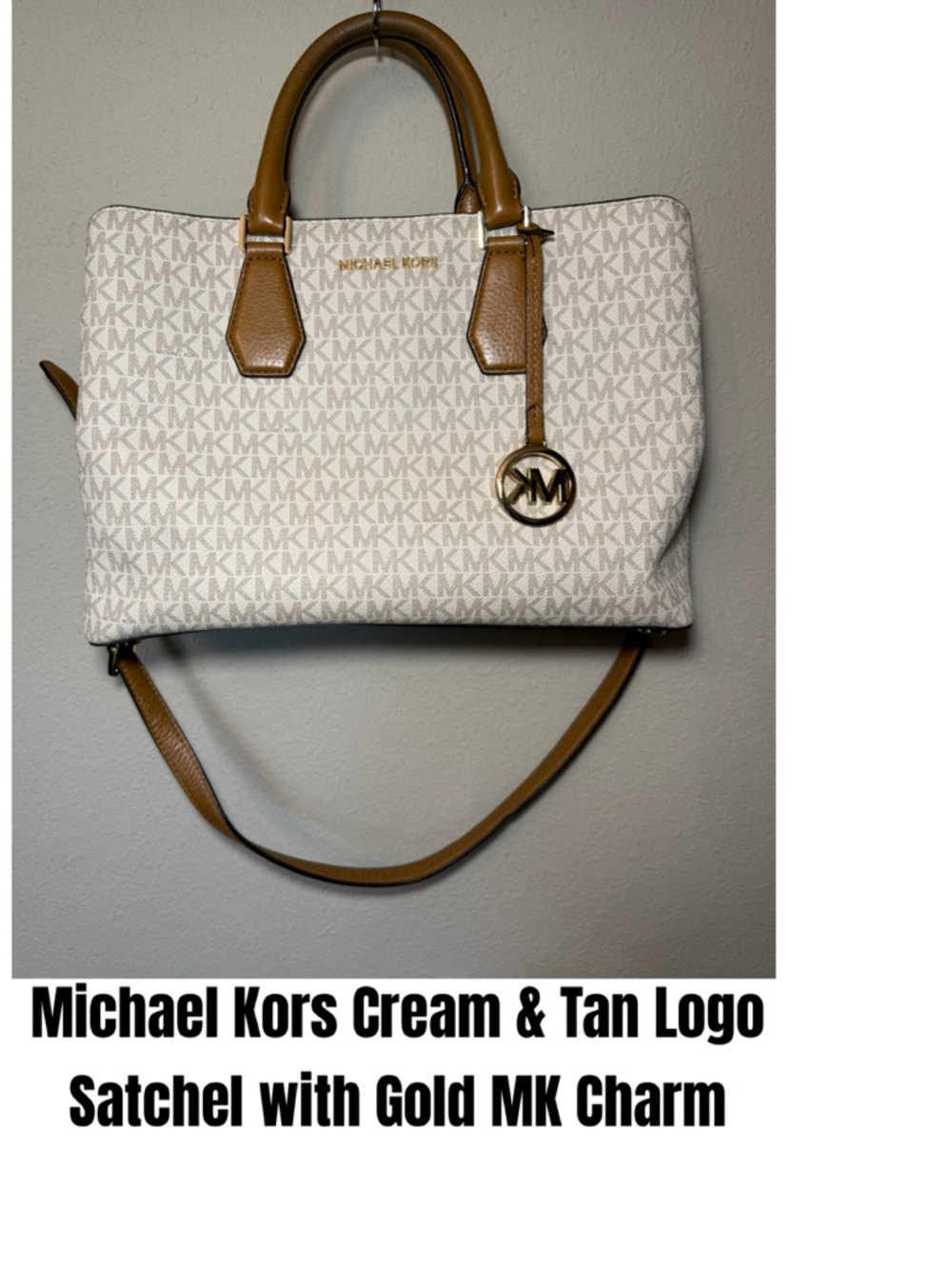 Michael Kors Cream & Tan Logo Satchel with Gold MK Charm